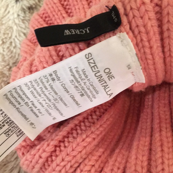 J. Crew Pink and Cream Ribbed Knit Hat with Faux Fur Pom-Pom - Picture 4 of 11